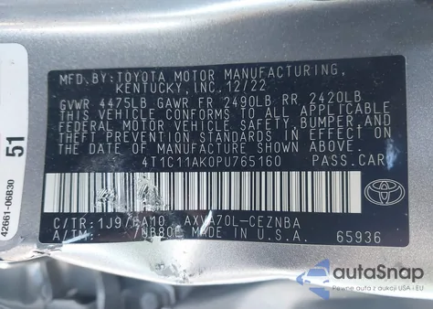 2023 Toyota Camry Le из США, поврежденный, VIN 4T1C11AK0PU765160